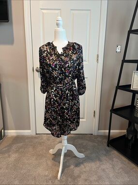 Black Floral Tie-Waist Mini Dress with Multicolor Print